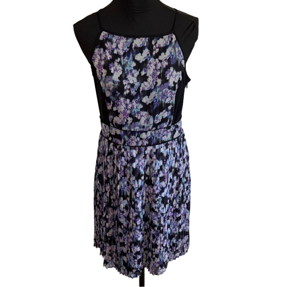 NWT Jessica Simpson Purple Blue Floral Pleated Fit Flare Cocktail Midi Dress 10
